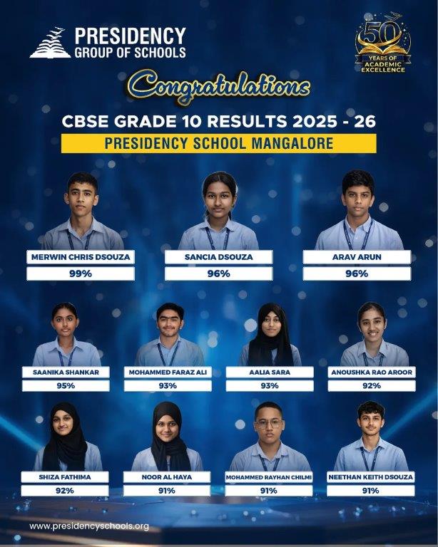 🎓 Celebrating CBSE Class 10 Toppers – A Moment of Pride! 🌟Presidency School Mangalore proudly
